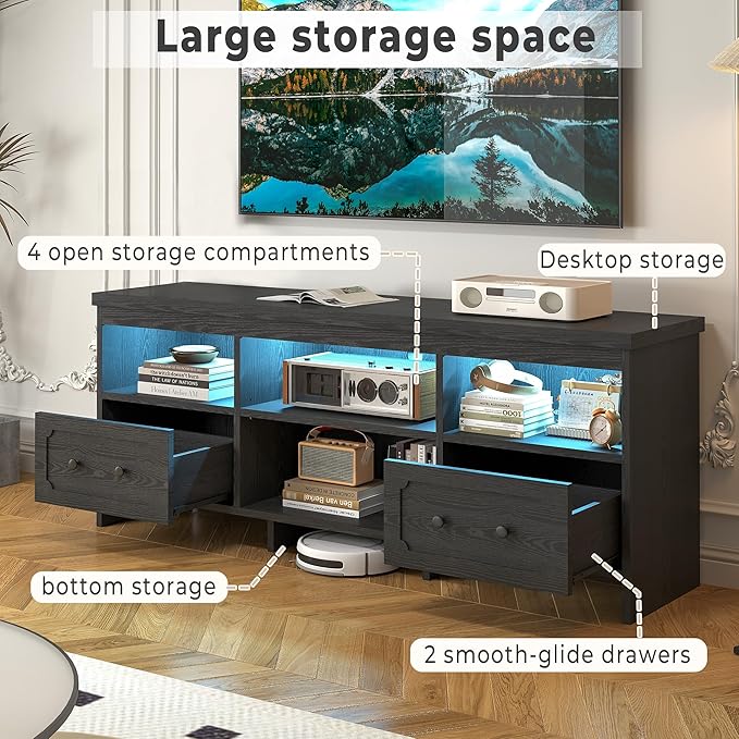 IRONCK TV Stand for 65 Inch TV, 63" LED Entertainment Center with Storage Cabinets, Power Outlets and Open Shelf, Media Console TV Cabinet with Drawers for Living Room, Black