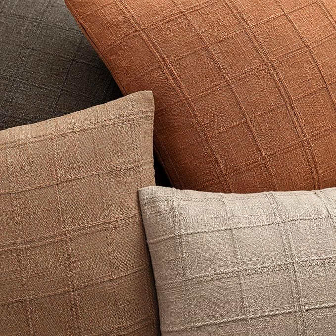 Foindtower Set of 2 Decorative Linen Check Throw Pillow Covers Neutral Farmhouse Vintage Cushion Covers Modern Boho Home Decor for Sofa Chair Couch Bedroom Living Room Outdoor,26×26 Inch,Orange