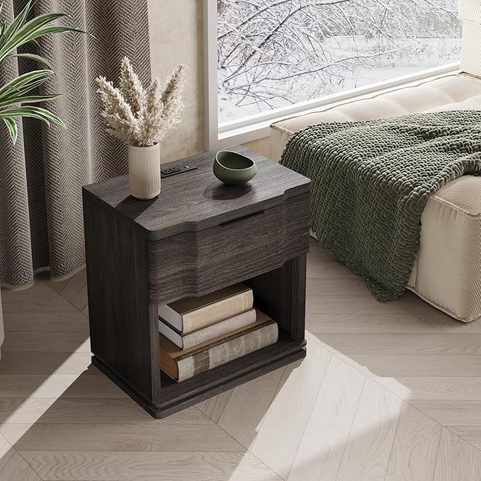 Nightstand with Charging Station, Wooden Curved Night Stand Bedside Table with Storage Shelf & Drawer, Large Mid Century Modern Accent End Table for Bedroom Living Room Office, Black and Gray