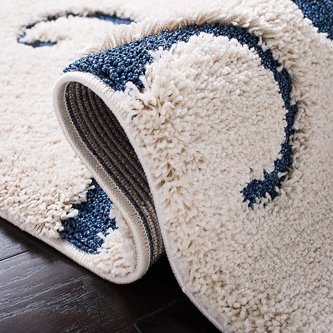 SAFAVIEH Florida Shag Collection Runner Rug - 2'3" x 9', Cream & Blue, Scroll Design, Non-Shedding & Easy Care, 1.2-inch Thick Ideal for High Traffic Areas in Living Room, Bedroom (SG455-1165)