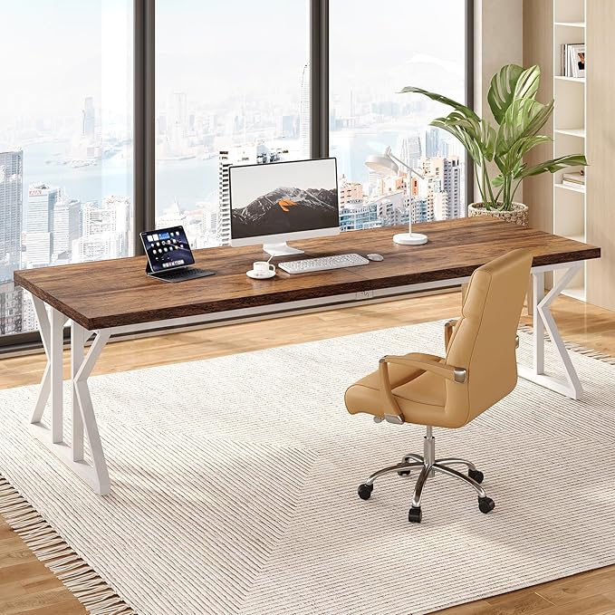 LITTLE TREE 78.7 Inch Large Executive Desk, Modern Computer Office Desk, Wooden Writing Desk Study Table for Home Office, Rustic Brown-White