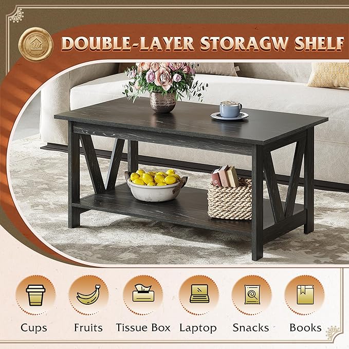 WLIVE Coffee Table with Storage Shelf, 39.4" Farmhouse Coffee Table with V-Frame Support, 2-Tier Wood Rustic Center Table for Living Room, Bedroom & Balcony, Charcoal Black