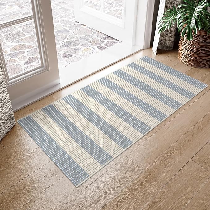 OJIA Outdoor Porch Rug Front Door Mat 24'x51, Washable Checkered Entry Striped Front Door Rug Cotton Woven Kitchen Carpet Small Area Rug for Entryway Patio Bedroom Bathroom (Blue/White/Tan)
