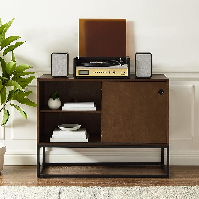 Crosley Furniture Byron Media Console and Record Player Stand with Storage for Vinyl Records, Brown/Black