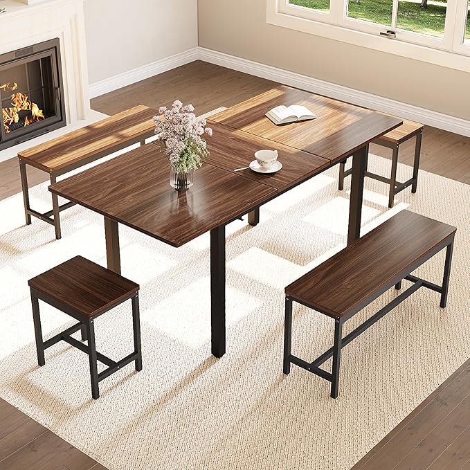 GarveeHome 5-Piece Dining Table Set for 4-8 People, 63" Large Extendable Kitchen Table Set with 2 Benches and 2 Square Stools, Modern Dining Room Furniture Sets, Easy Assembly, Espresso