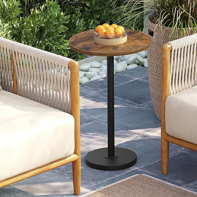 Round Side End Table for Small Spaces, Pedestal Style Martini Drink Side Table in Living Room, Bedroom, Dormitory, Rustic Brown and Black ET30BR