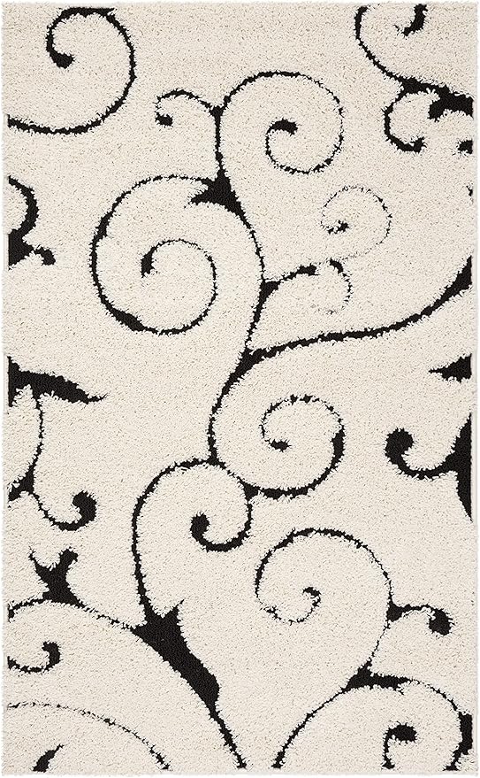 SAFAVIEH Florida Shag Collection Accent Rug - 3'3" x 5'3", Ivory & Black, Scroll, Non-Shedding & Easy Care, 1.2-inch Thick Ideal for High Traffic Areas in Entryway, Living Room, Bedroom (SG455-1290)