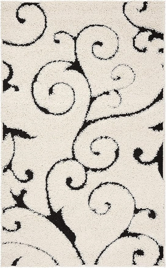 SAFAVIEH Florida Shag Collection Accent Rug - 2'3" x 5', Ivory & Black, Scroll Design, Non-Shedding & Easy Care, 1.2-inch Thick Ideal for High Traffic Areas in Foyer, Living Room, Bedroom (SG455-1290)
