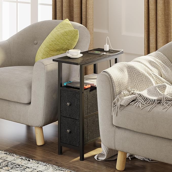 End Table Set 2 with Charging Station, Narrow Side Table with 2 Fabric Drawers, Skinny Nightstand with LED Light, Slim Bedside Table for Bedroom, Living Room, Small Spaces, Black
