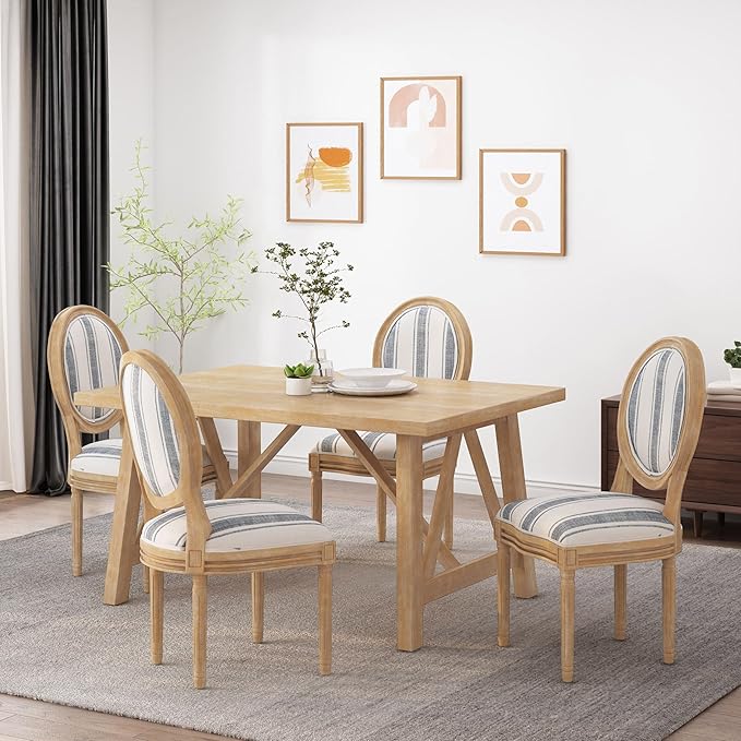 Christopher Knight Home Phinnaeus Dining Chair Set, Set of 4, Wood, Dark Blue Stripes + Light Beige + Natural