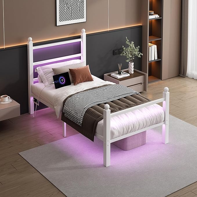 Twin Bed Frame with Headboard and Footboard,Steel Slats Support-LED Bed Frame with USB Charging Station,Mattress Foundation-Under Bed Storage,No Box Spring Needed,Noise Free,White