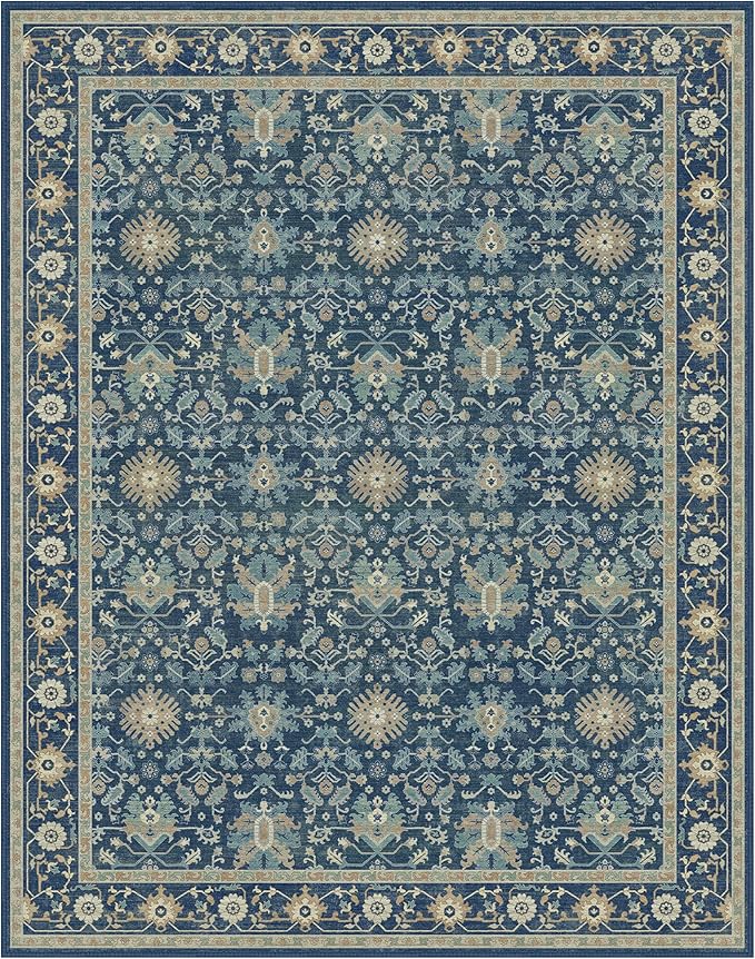 8X10 Area Rugs Machine Washable Runner Rugs for Living Room Bedroom Hallway, Non Slip Indoor Soft Accent Distressed Boho Vintage Print Lightweight Thin Low Pile Carpet, Navy