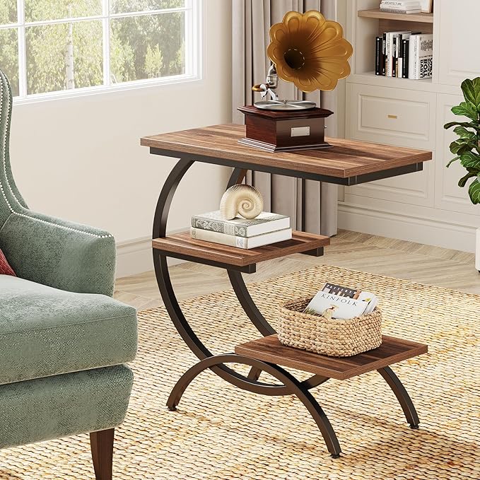 Tribesigns C-Shaped End Table, Industrial 3-Tier Small Side Table for Couch, Wood Bedside Table Snack Side Table with Storage Shelves for Living Room Small Space, Rustic Brown