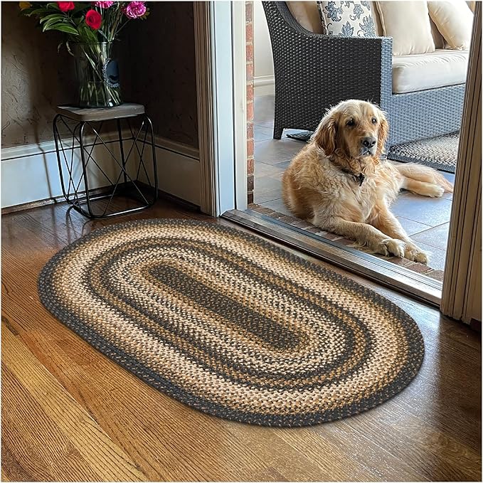 Kilimanjaro Black and Tan Jute Braided Oval Rug, 20x30 - Warm Primitive Decor, Perfect for Laundry Rooms, Kitchens and Entryways - Reversible and Easy to Clean