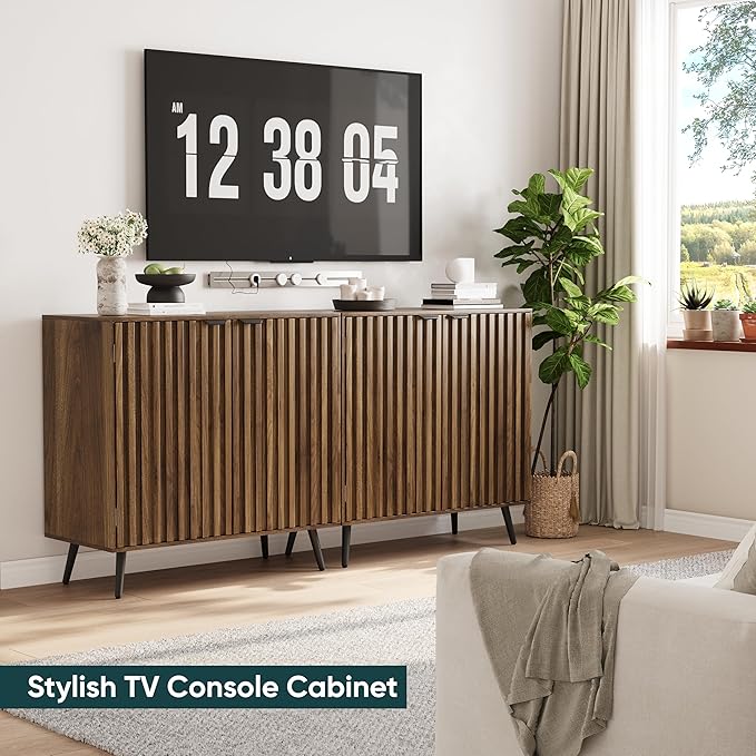 Semiocthome Walnut Buffet Cabinet with Storage, Sideboard Cabinet with Fluted Doors and Metal Legs, Storage Cabinet with Adjustable Shelf, Accent Table for Living Room, Dining Room, Kitchen, Entryway