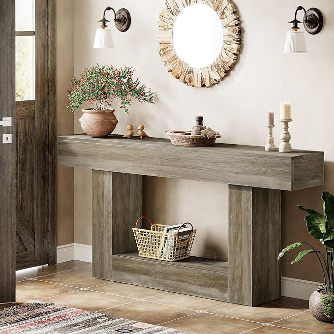 Tribesigns 63" Console Table, Farmhouse 2-Tier Entryway Table with U-Shaped Base, Narrow Long Wood Sofa Table Behind Couch Table for Living Room, Hallway, Foyer, Light Gray