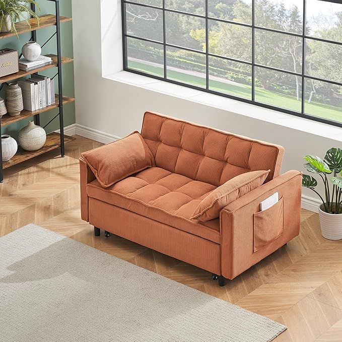 Ball & Cast Convertible Sofa Bed,Loveseat Sleeper Sofa W/Pull-Out Bed,Convertible Pull Out Couch W/2 Pillows,Adjustable Backrest&Side Pocket,Corduroy Futon Couches for Living Room,Apartment,Orange,54"