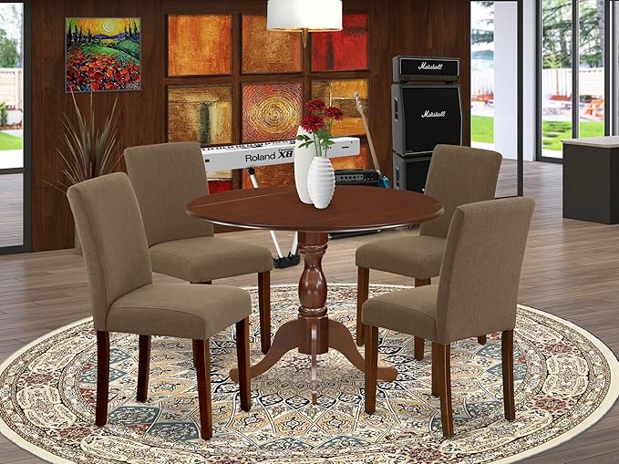 East West Furniture DMAB5-MAH-18 5 Piece Modern Dining Table Set Includes a Round Wooden Table with Dropleaf and 4 Coffee Linen Fabric Upholstered Chairs, 42x42 Inch, Mahogany