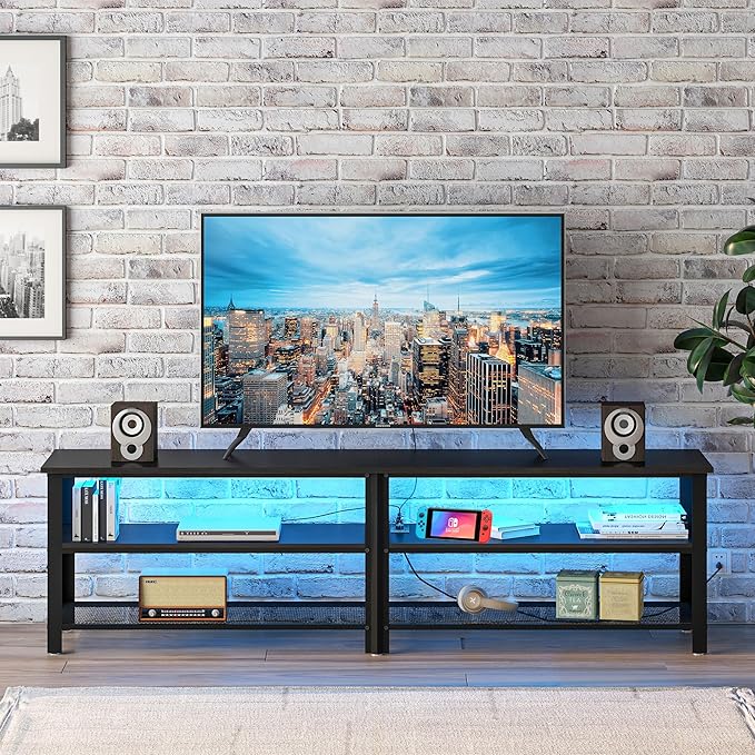 Clikuutory Modern Black 71 inch Metal TV Stand with LED Lights and Power Outlets for 50 60 65 70 75 80 Inch TVs, 3 Tier Television Stands with Entertainment Center and Storage for Living Room, Bedroom
