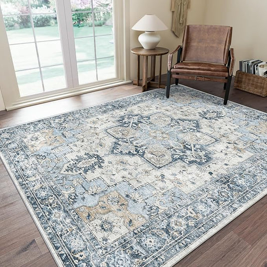 GENIMO 5x7 Area Rugs for Living Room, Machine Washable Rug, Non Slip Vintage Rugs, Low Pile Lightweight Chenille Print Indoor Rug for Bedroom, Dining Room, Home Office, Blue