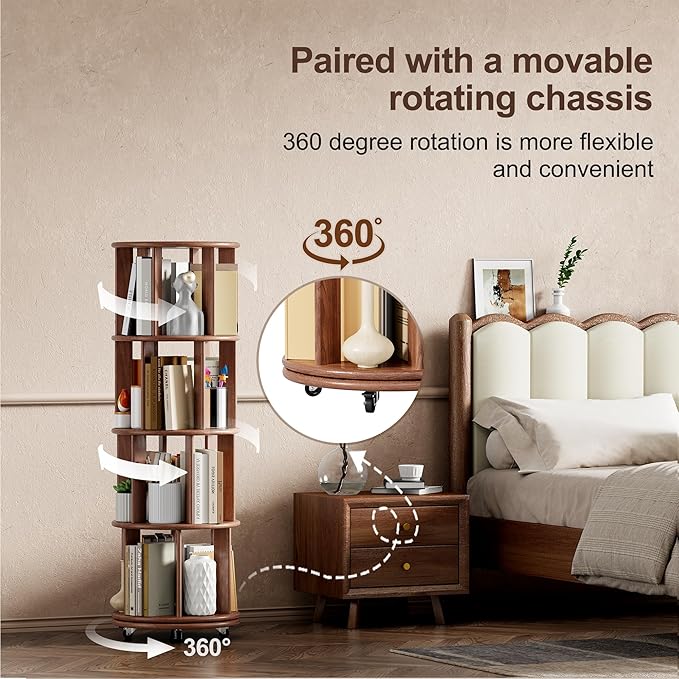 KEIKI Solid Wood 4 Tier Rotating Bookcase, Round Revolving Bookshelf with Lockable Wheels, Space Saving Wide Book Rack for Corner, Office, Bedroom, Walnu