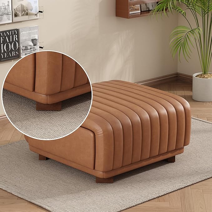Christopher Knight Home Reyno Upholstered Ottoman with Storage for Living Room, Faux Leather Storage Ottoman Foot Rest with Side Drawers, Modern Square Coffee Table with Wooden Frame, Brown