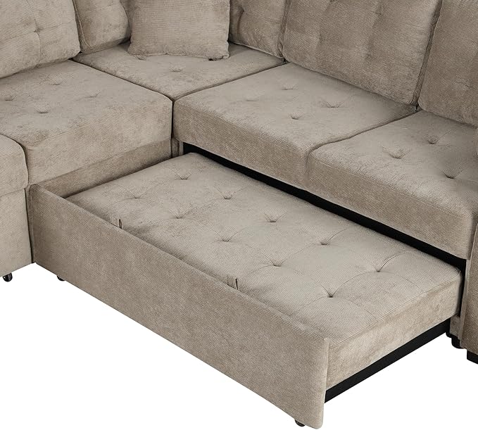 82" Convertible Sleeper Sofa with Pull-Out Bed,L-Shape Chaise Couch W/USB Ports & Power Sockets,Space Saving,Easy Assembly,Modern Corner Reversible Furniture Set for Living Room,Khaki Velvet