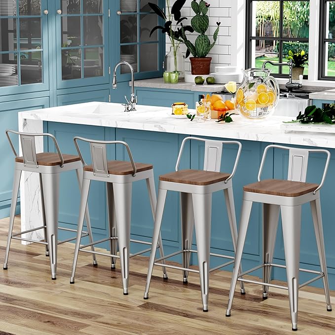 WENTMENT Bar Stools Set of 4 Counter Height Stools with Removable Back 30" Kitchen Bar Stools with Wooden Seat, Silver