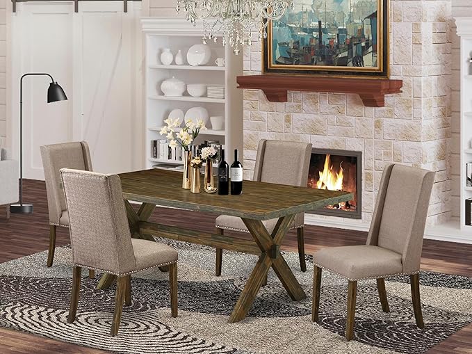East West Furniture X777FL716-5 5 Piece Dining Set Includes a Rectangle Dining Room Table with X-Legs and 4 Dark Khaki Linen Fabric Upholstered Parson Chairs, 40x72 Inch, Multi-Color