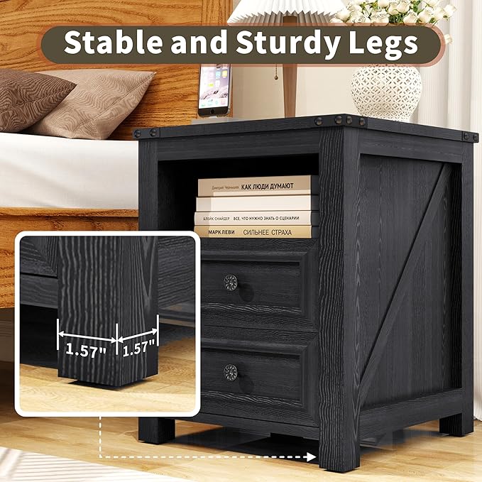 Vipbear Nightstand Set of 2, 18” Wide Farmhouse Night Stand with Charging Station for Bedroom, End Table with 2 Drawers Living Room Wood Sofa Side Table with Storage, Black