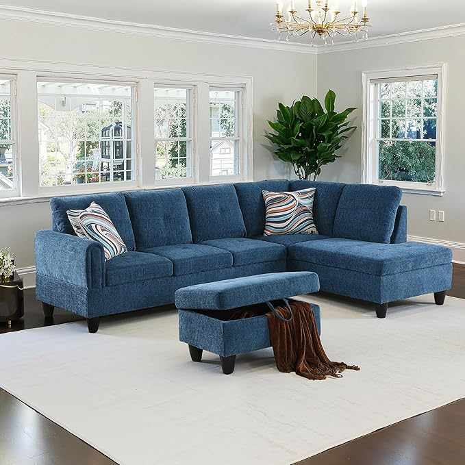 NicBex Sectional Couch 3 Pieces Sofa Set with Left Chaise Flannel L Shaped Cloud Couch for Living Room Furniture Sets with Storage Ottoman, Modular Sofa for Living Room & Apartment, Dark Blue