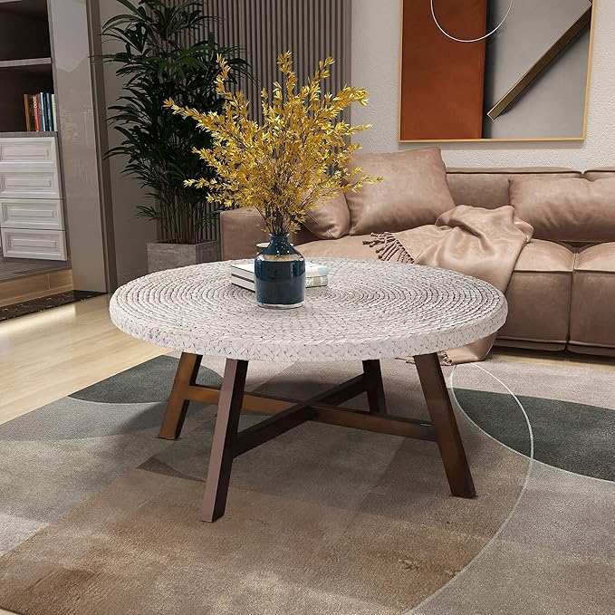 Round Coffee Table,RANDEFURN Seagrass Coffee Tables,Pine Wood X Base Frame Cocktail Table, Easy Assembled, Multiple Sizes for Living Room, Solid Wood Table,32 x 17 Inches,Whitewash