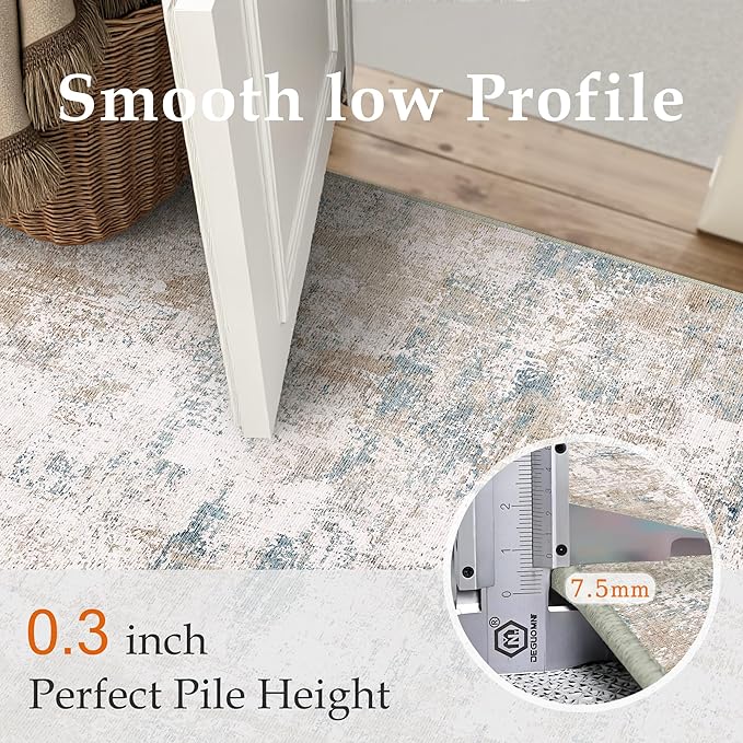 8x10 Washable Area Rug Beige Blue Neutral Abstract Living Room Bedroom Large Throw Rug Non Slip Soft Low Pile Indoor Floor Carpet for Dining Room Kitchen Office Entryway