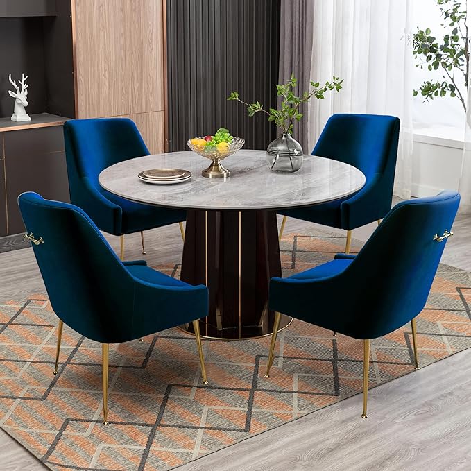 Modern Velvet Dining Chairs Set of 6, Contemporary Upholstered Furniture Collection with Polished Gold Metal Legs, Elegant Accent Chairs for Kitchen Living Room(Blue)