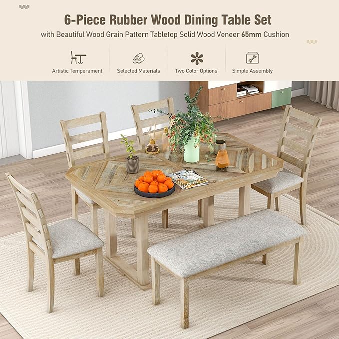 Ball & Cast 6 Piece Wood Dining Table Set with 4 Upholstered Chairs & 1 Bench,Kitchen Table and Chairs for 6 W/ 51.8" Rectangle Desk,for Restaurant,Home Bistro,Natural Wood Wash
