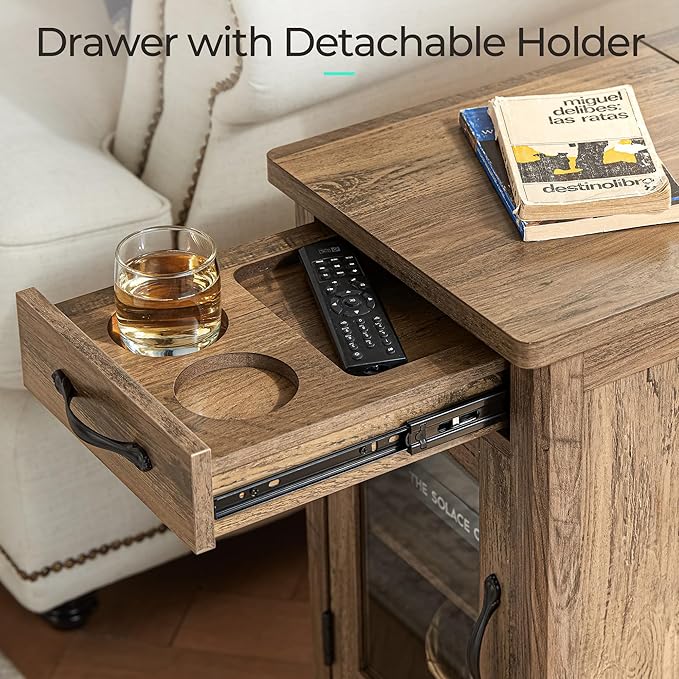 LINSY HOME End Table Set of 2 with Charging Station, Modern Farmhouse Sofa Couch Side Table, Wooden Bedside Table for Living Room, Nightstand with Storage Cabinet for Small Space, Brown, Glass Door