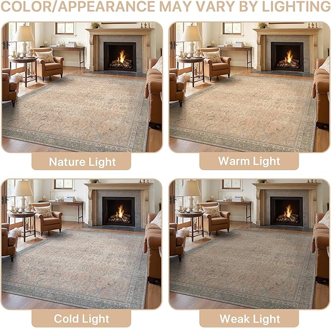 8X10 Area Rugs Machine Washable Rugs for Living Room, Vintage Boho Large Rugs for Bedroom Dining Room, Non Slip Indoor Soft Distressed Lightweight Thin Low Pile Carpet, Soft Sand