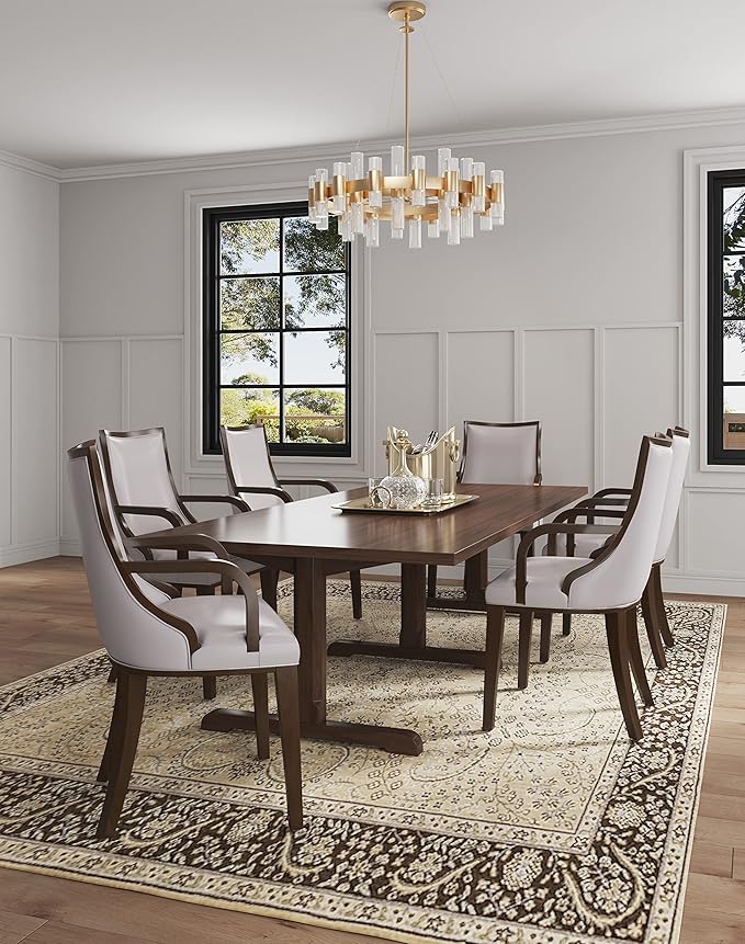 Manhattan Comfort Grand Faux Leather Dining Chairs, Traditional Design with Rectangular Channeling, Solid Beech Wood Frame, Walnut Finish, 300 lb Capacity, Fully Assembled, Set of 6, Light Grey