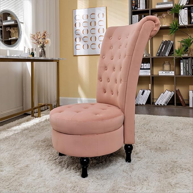 Container Furniture Direct Royal High-Back Velvet Accent Chair for Vanity with Storage and Luxurious Upholstery, Retro Design and Versatile Usage for Living Room, Bedroom, Lounge and Office, Rose
