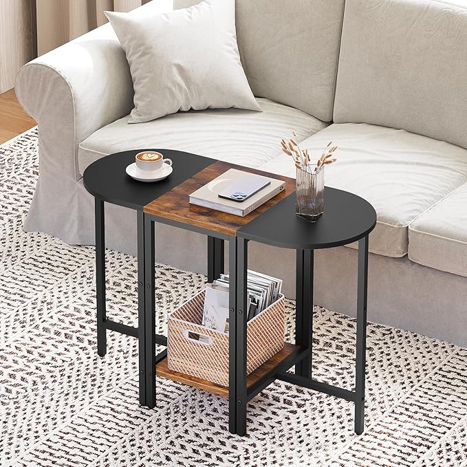 Small Side End Table, Nesting Side Table for Living Room, 2-Tier Nesting Side Table for Small Space, Wooden Sofe Tables Set of 3, Half Round End Table for Couch, Office, Brown and Black ET33BR