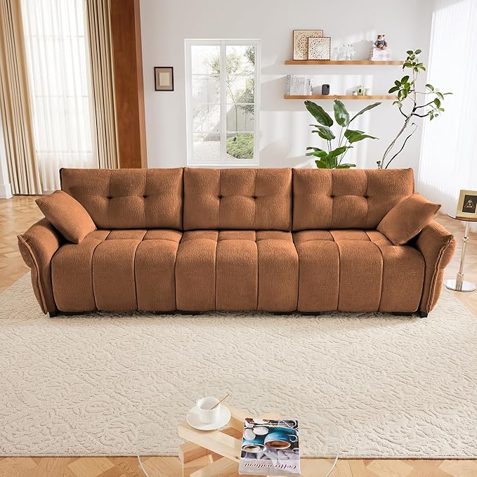 Modern Chenille Fabric 3-Seat Sofa w/ 2 Pillows, Premium Upholstery Living Room Couch with Tufted Backrest & Comfortable Armrests and High-Resilience Memory Foam Cushions,Orange
