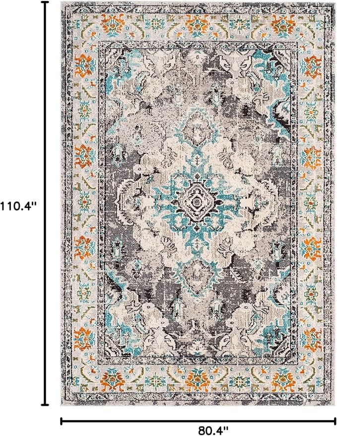 SAFAVIEH Monaco Collection Area Rug - 6'7" x 9'2", Grey & Light Blue, Boho Chic Medallion Distressed Design, Non-Shedding & Easy Care, Ideal for High Traffic Areas in Living Room, Bedroom (MNC243G)