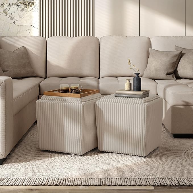 Furniture of America Lennox Modern Chenille 17-inch Square Storage Ottoman with Reversible Tray Top, Upholstered Footstool for Living Room, Bedroom, Entryway, Beige Pink