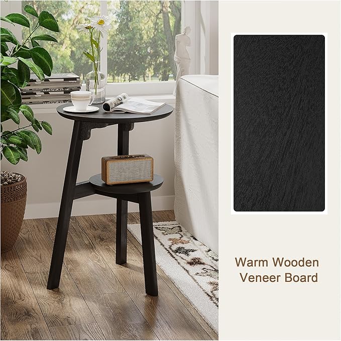 ChooChoo Round End Table for Small Spaces, Narrow Side Table, Accent Table Night Stand with 2 Tier Shelf for Bedroom and Living Room, Black