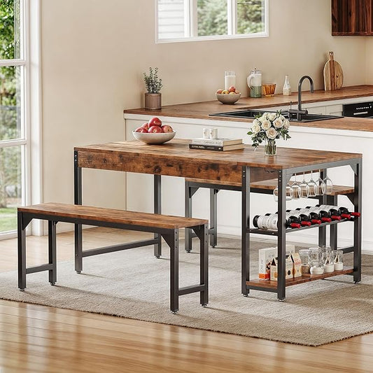 DWVO 3-Pieces Dining Room Table Set for 4 People 63" Large Dining Table with 2 Benches Rectangle Industrial Kitchen Table for 4 with Metal Frame & 2 Storage Shelves for Small Space Kitchen Brown