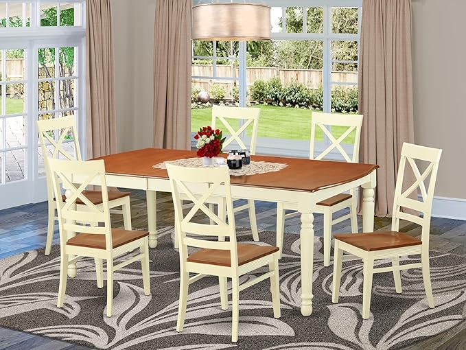 East West Furniture DOQU7-WHI-W 7 Piece Dining Room Table Set Consist of a Rectangle Wooden Table with Butterfly Leaf and 6 Kitchen Dining Chairs, 42x78 Inch, Buttermilk & Cherry