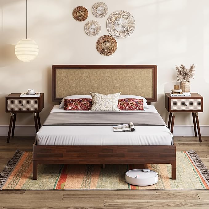 Bme Nipe Full 14 Inch Bohemian Bed Frame with Adjustable Wicker Headboard - Rustic & Vintage Unique Style with Acacia Wood - No Box Spring Needed - Easy Assembly - Walnut