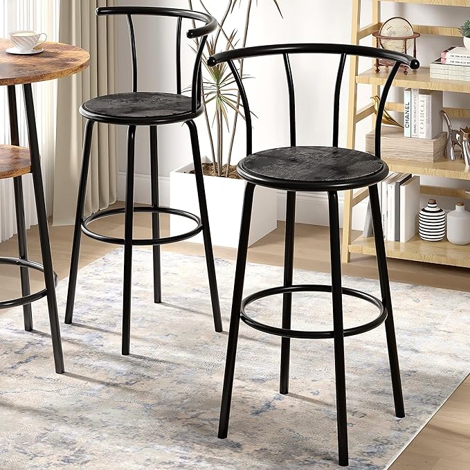 VECELO Bar Stools Set of 2, Swivel Counter Stools with Backrest, Bar Height Stools for Dining Room, Kitchen Island, Pub, Easy Assembly, Dark Grey