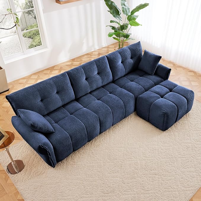 Modern Chenille Fabric 3-Seat Sofa w/Ottoman+2 Pillows, Premium Upholstery Living Room Couch with Tufted Backrest & Comfortable Armrests and High-Resilience Memory Foam Cushions,Blue