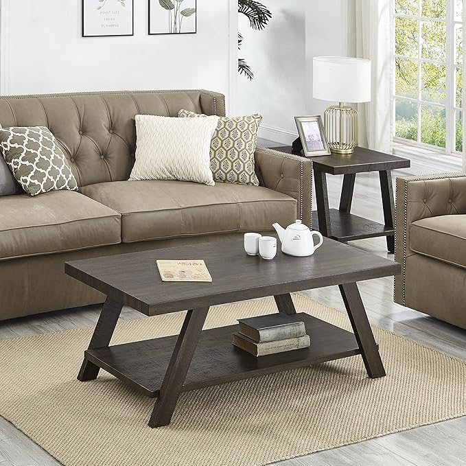 Roundhill Furniture Athens Contemporary 3-Piece Wood Shelf Coffee Table Set, Engineered Wood, 24D x 48W x 19H in, Espresso
